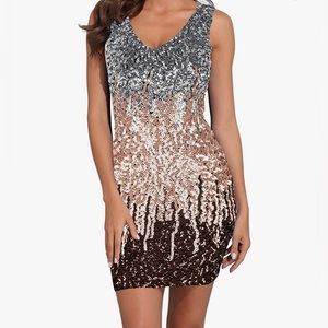 PrettyGuide Women's Deep V Neck Sequin Glitter Stretchy Mini Party Dress - XL